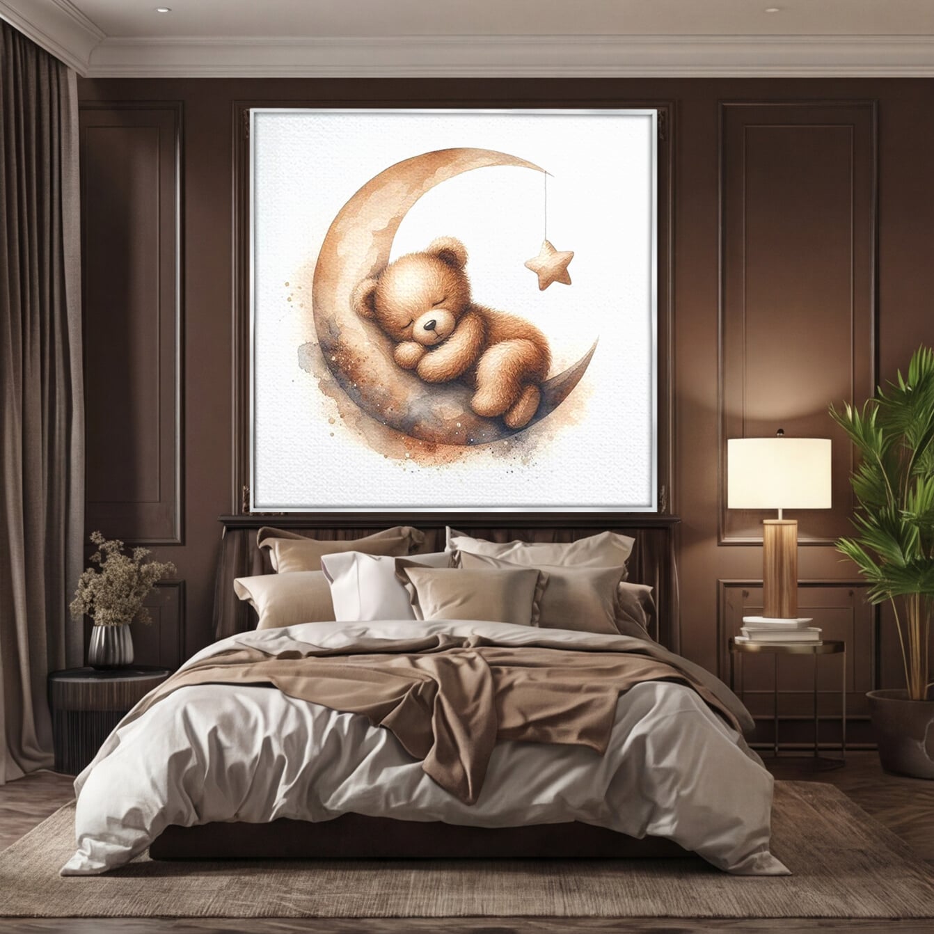 Tablou canvas cu ursulet pufos dormind pe semiluna, in rama de aluminiu argintiu, pe perete intr-un dormitor